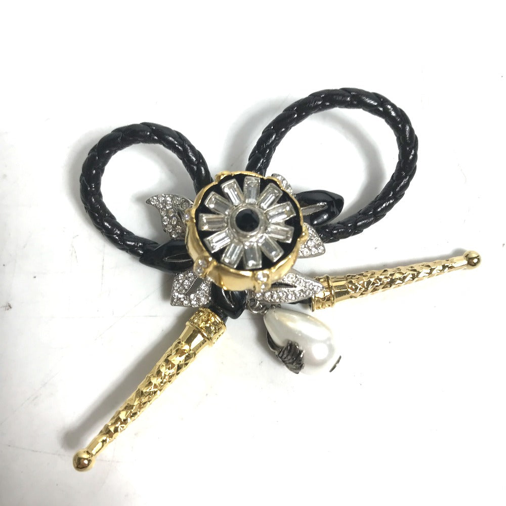 LOUIS VUITTON MP2197 アクセサリー フェイクパール フルールビジュー ラインストーン ブローチ レザー レディース ブラック