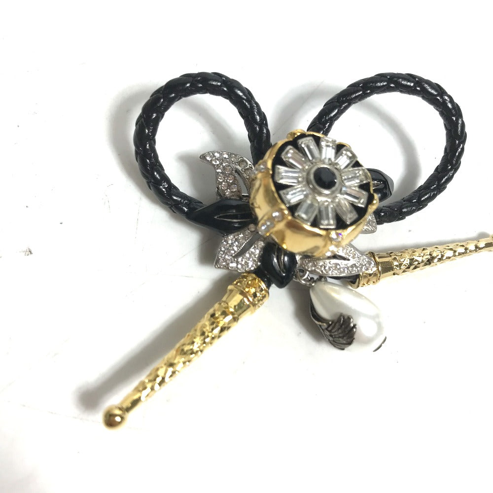 LOUIS VUITTON MP2197 アクセサリー フェイクパール フルールビジュー ラインストーン ブローチ レザー レディース ブラック