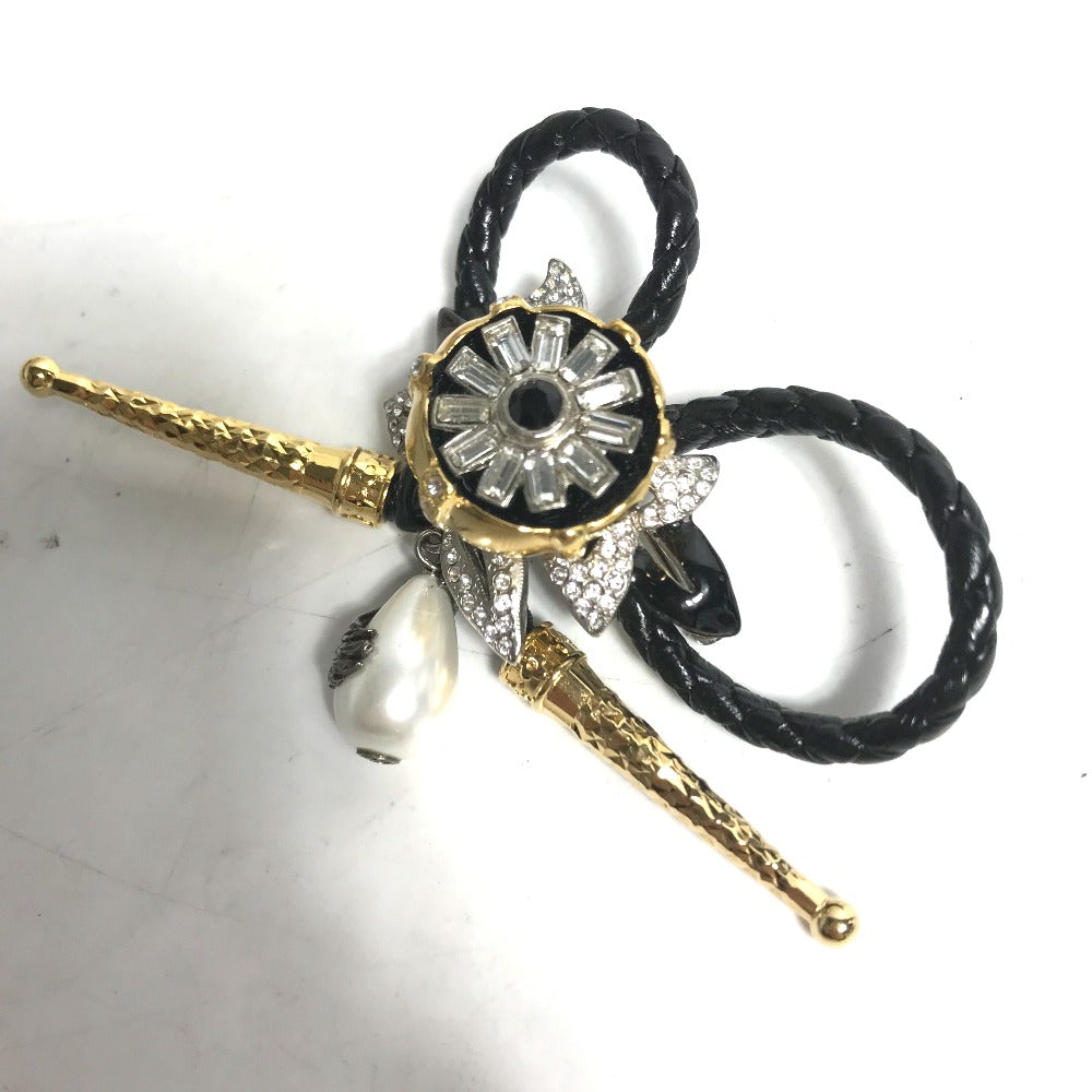 LOUIS VUITTON MP2197 アクセサリー フェイクパール フルールビジュー ラインストーン ブローチ レザー レディース ブラック