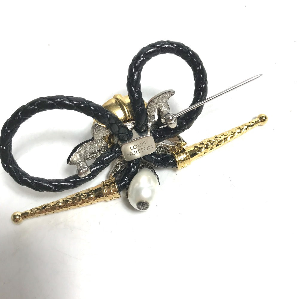 LOUIS VUITTON MP2197 アクセサリー フェイクパール フルールビジュー ラインストーン ブローチ レザー レディース ブラック