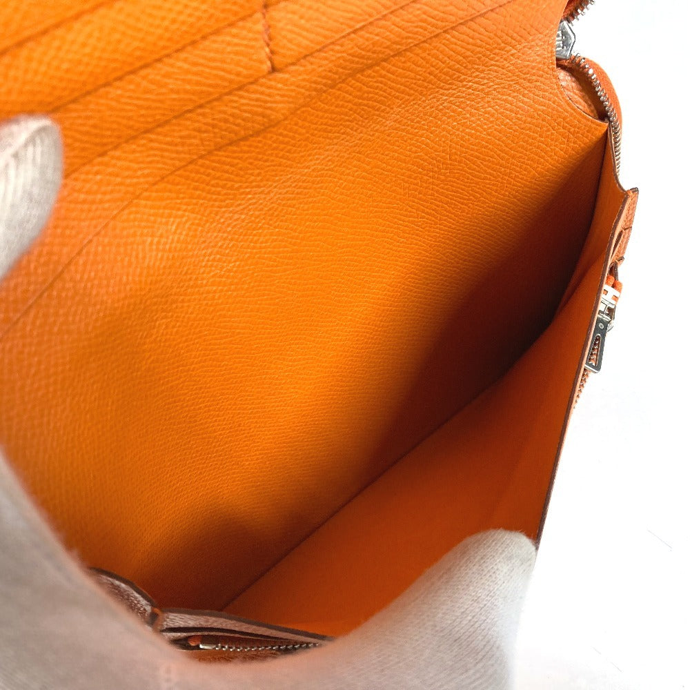 HERMES Azap Integral Long Wallet, Round Zipper, Leather, Unisex, Orange