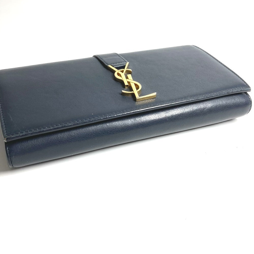 SAINT LAURENT PARIS 414567 YSLライン ロゴ ロングウォレット フラップ 長財布 レザー ユニセックス ネイビー