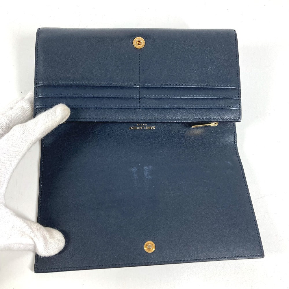SAINT LAURENT PARIS 414567 YSLライン ロゴ ロングウォレット フラップ 長財布 レザー ユニセックス ネイビー