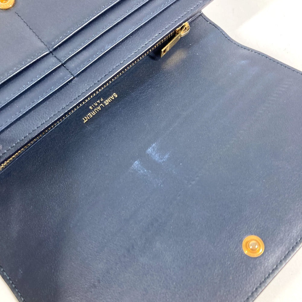 SAINT LAURENT PARIS 414567 YSLライン ロゴ ロングウォレット フラップ 長財布 レザー ユニセックス ネイビー