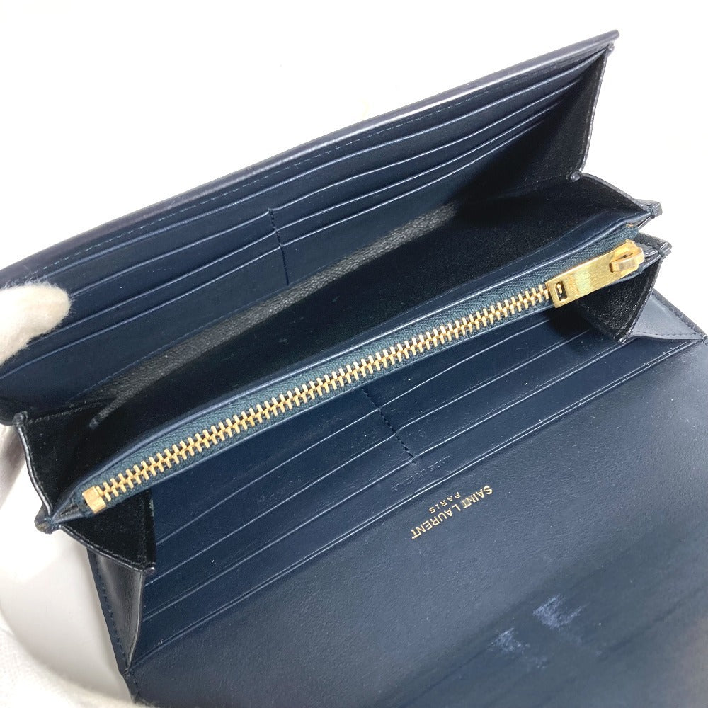 SAINT LAURENT PARIS 414567 YSLライン ロゴ ロングウォレット フラップ 長財布 レザー ユニセックス ネイビー