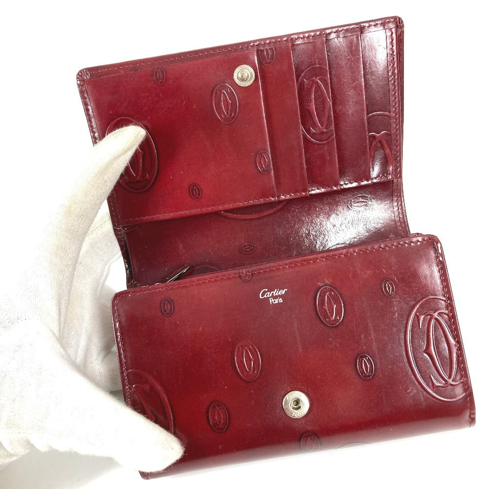 CARTIER ハッピーバースデー ロゴ コンパクトウォレット 3つ折り財布 レザー ユニセックス ワインレッド