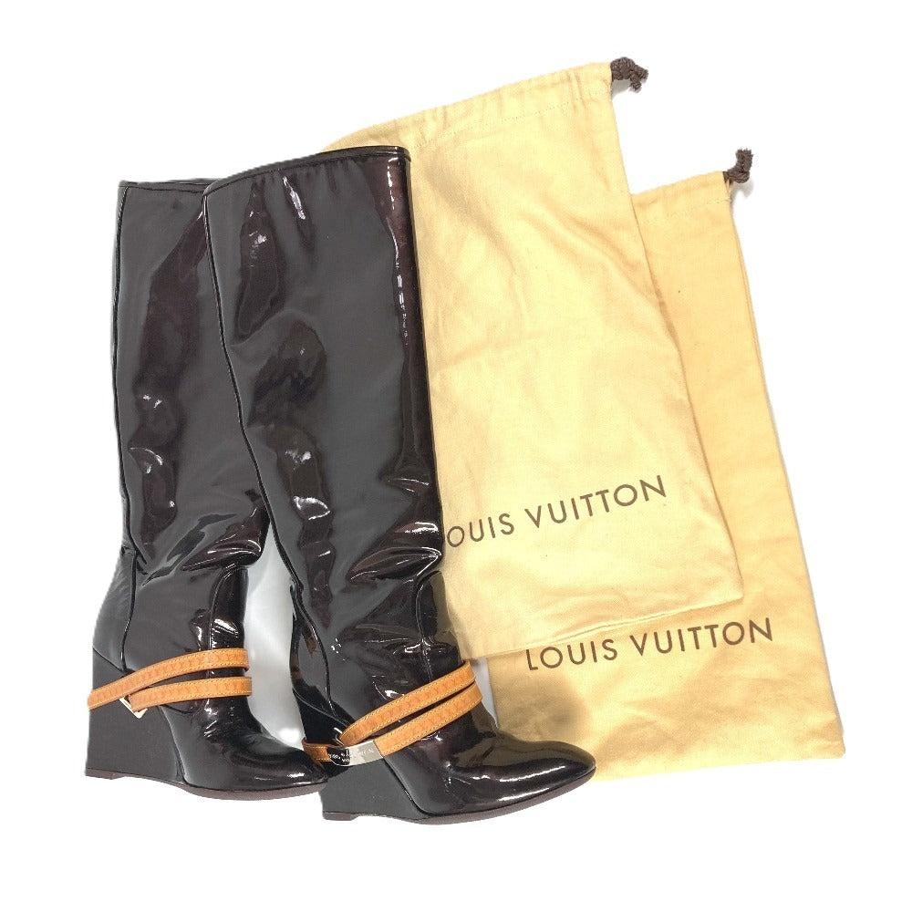LOUIS VUITTON ヴェルニ ロングブーツ 靴 ベルト付き LVロゴ シューズ ブーツ パテントレザー レディース アマラント パープル