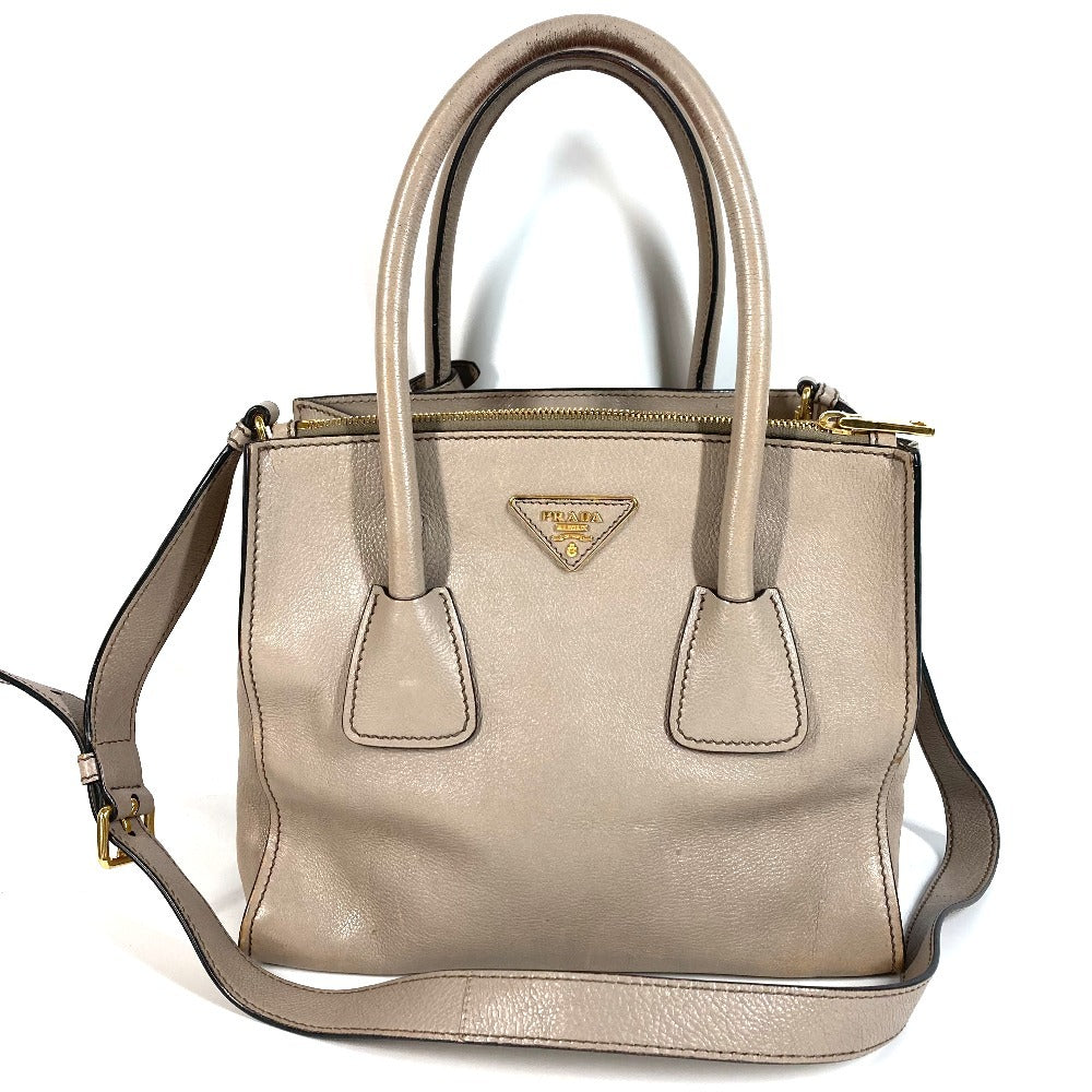 PRADA 2-Way Bag Triangle Logo Plate Handbag Shoulder Bag Crossbody Tote Bag Leather Unisex Beige