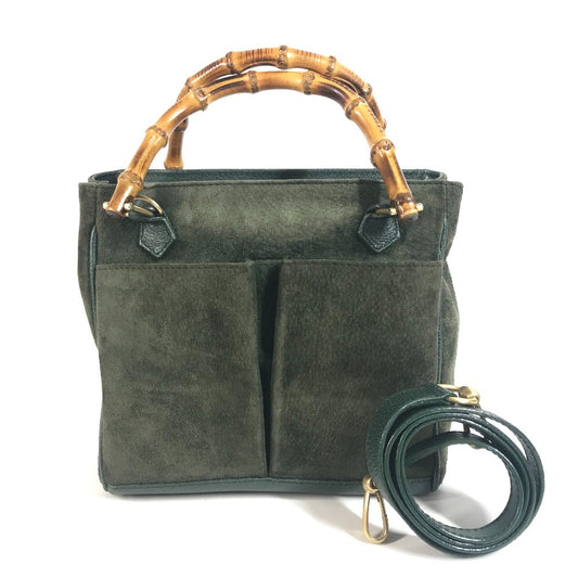 GUCCI 000 123 Old Gucci vintage Bamboo 2-Way Bag, Handbag, Shoulder Bag Shoulder Bag Leather / suede Green Used
