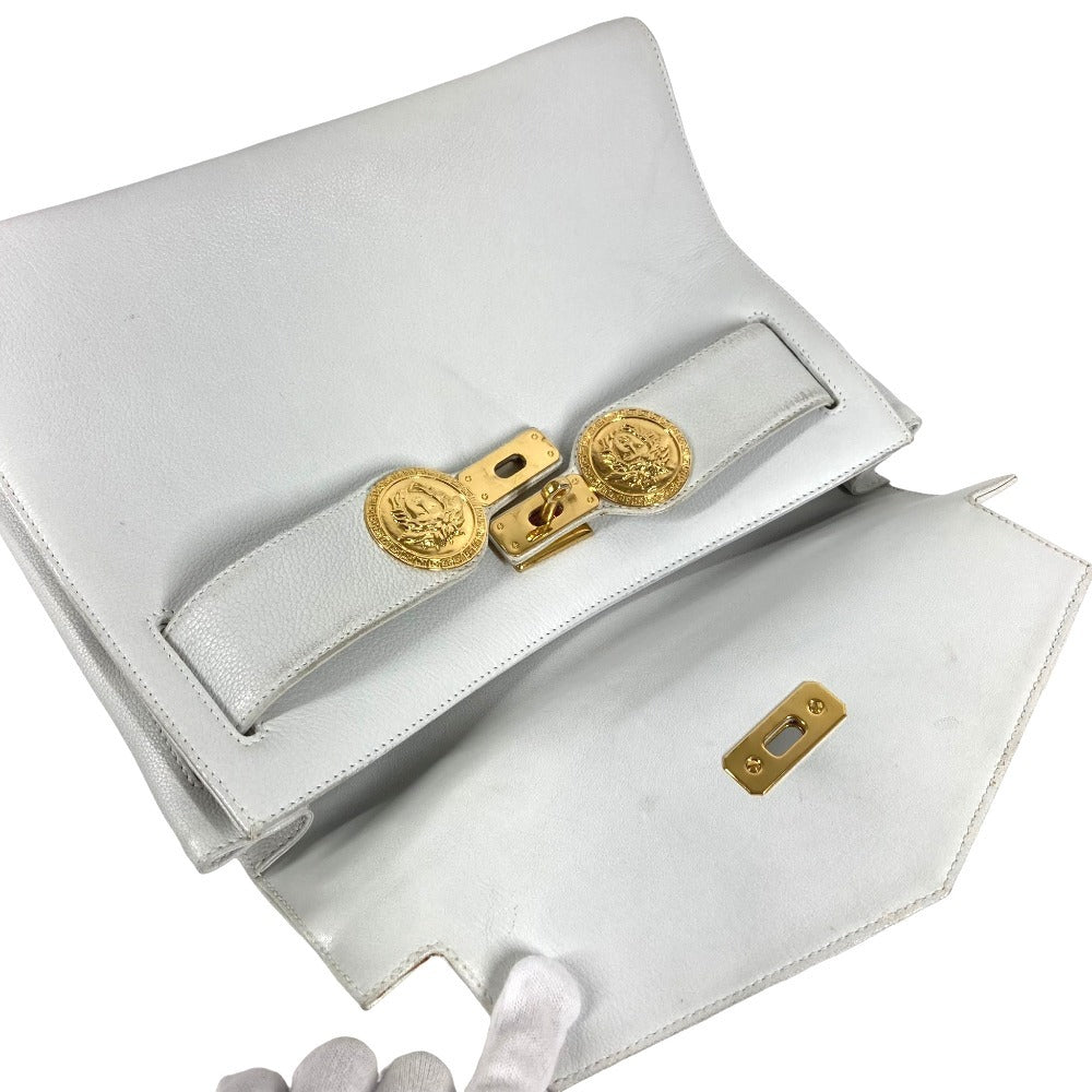 VERSACE vintage medusa logo Bag Flap Tote Bag Hand Bag Leather WhiteBased/Gold Used