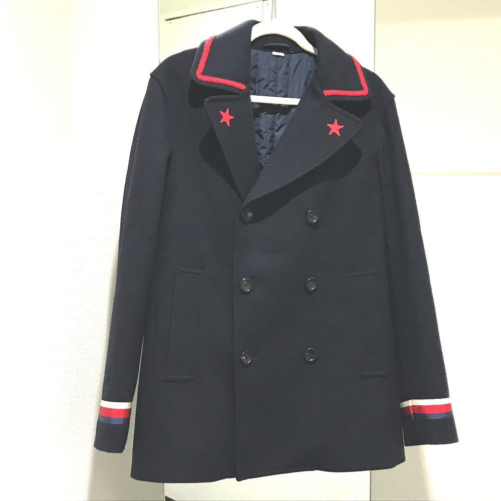 GUCCI 451131 Two-tone Sylvie Web Ribbon Felt Jacket/Peacoat, Men's, Navy