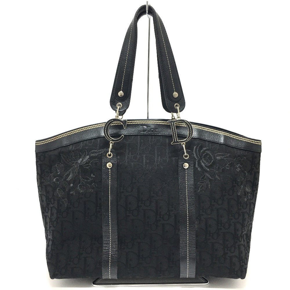 Christian Dior Floral Embroidered Trotter Shoulder Tote Bag in Canvas/Leather, Black