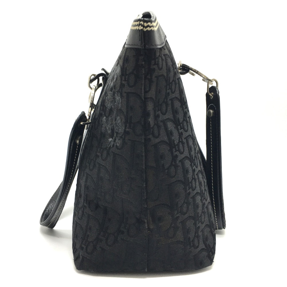 Christian Dior Floral Embroidered Trotter Shoulder Tote Bag in Canvas/Leather, Black