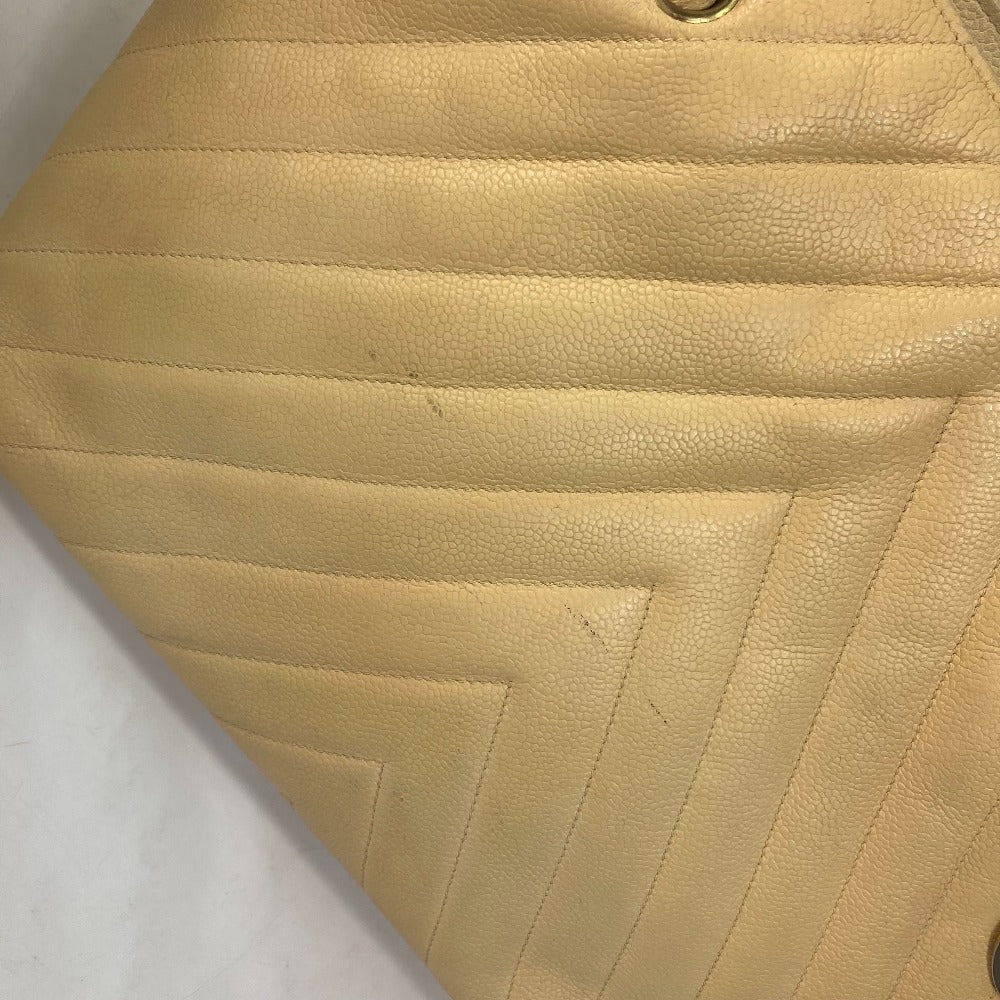 CHANEL CC ココマーク Ｖステッチ シェブロン 肩掛け トートバッグ カバン ショルダーバッグ キャビアスキン レディース イエロー