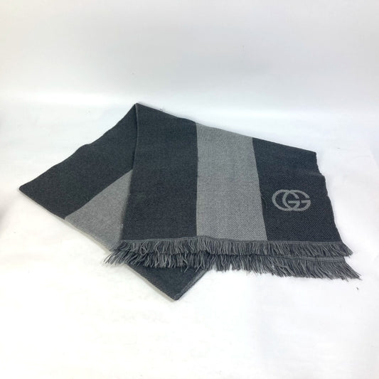 GUCCI Fringe Logo GG Stripe Wool Scarf Women's Gray