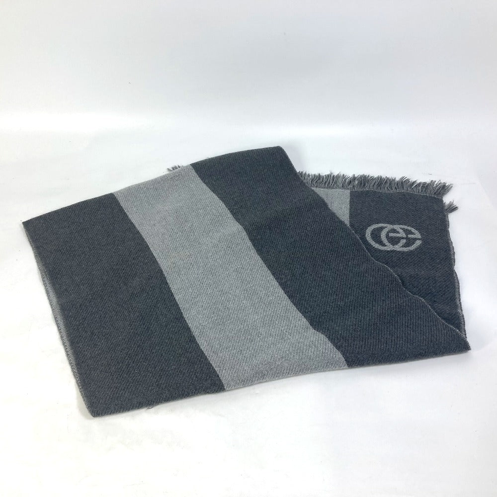 GUCCI Fringe Logo GG Stripe Wool Scarf Women's Gray