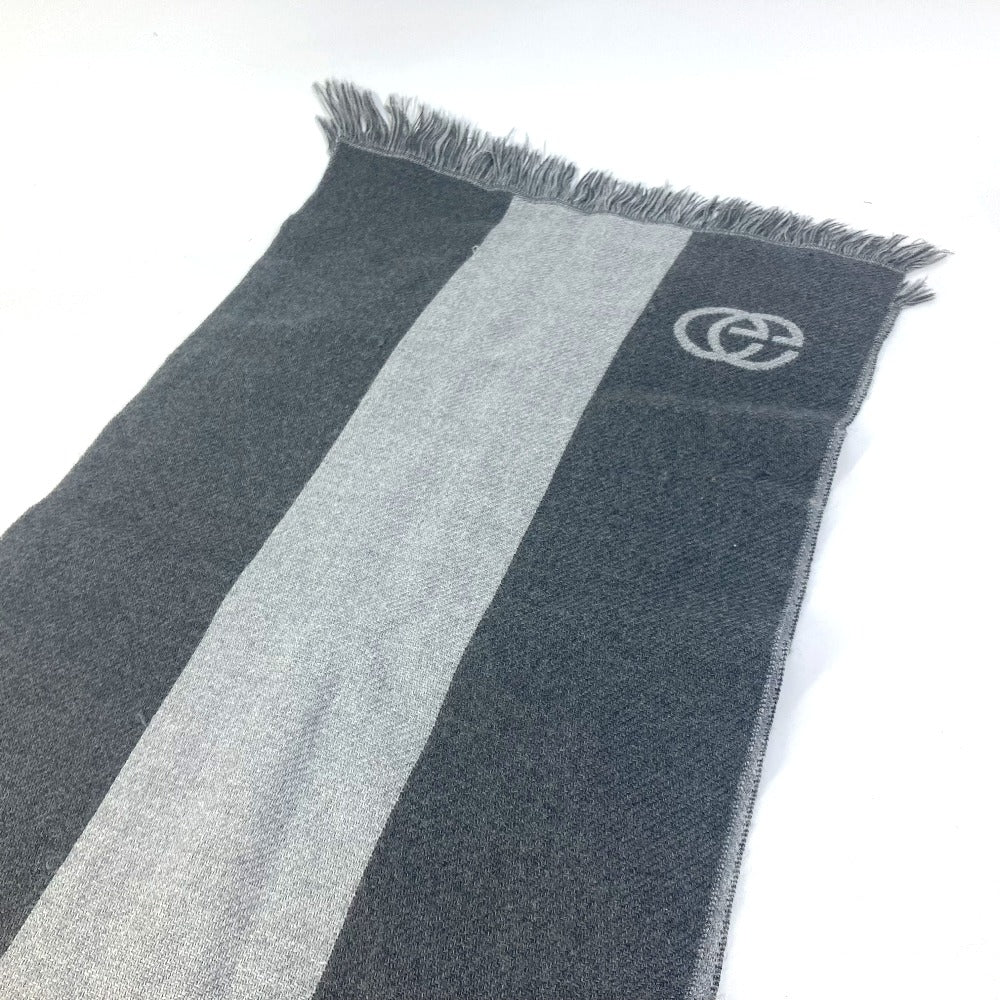 GUCCI Fringe Logo GG Stripe Wool Scarf Women's Gray