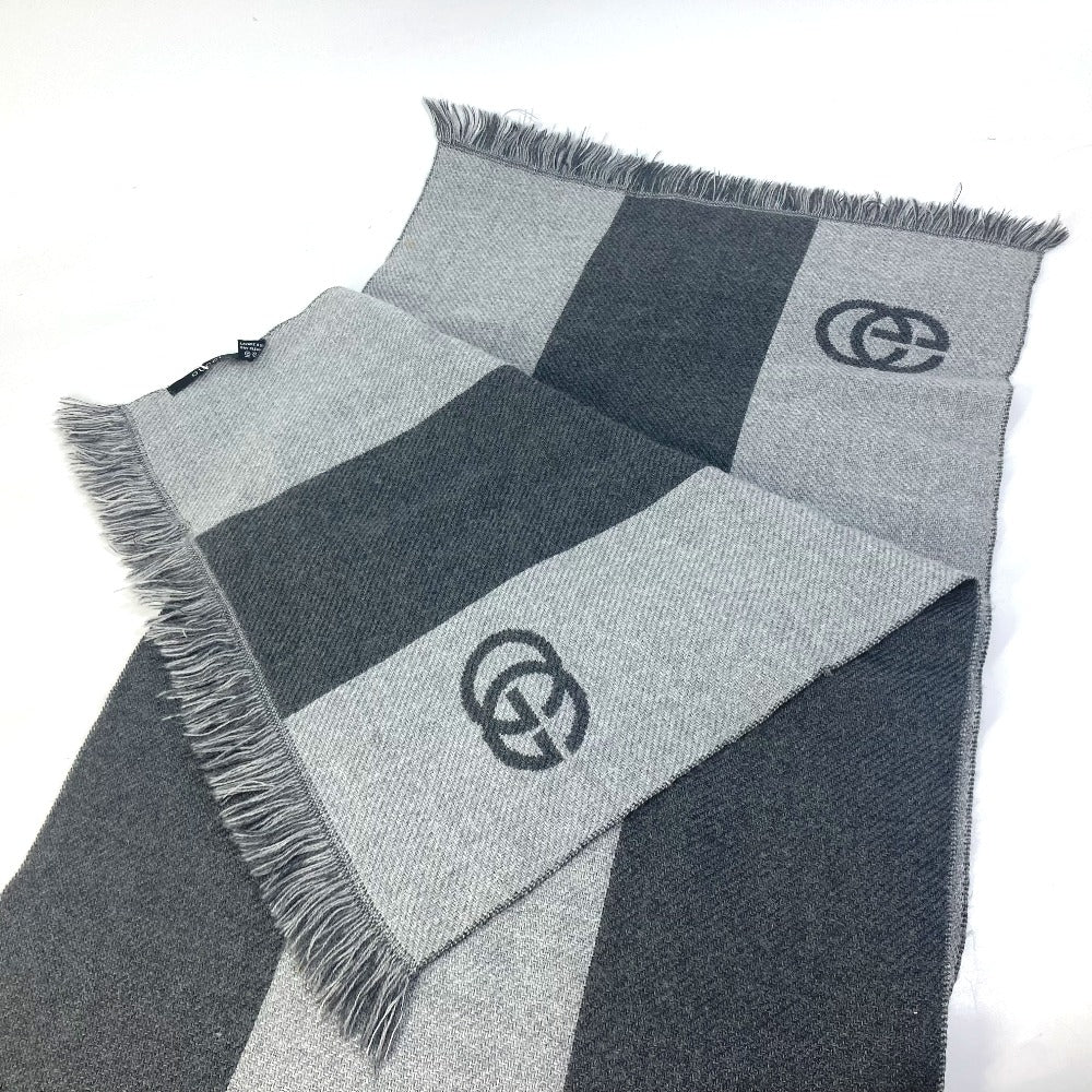 GUCCI Fringe Logo GG Stripe Wool Scarf Women's Gray