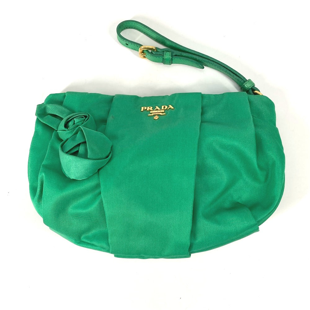 PRADA Pouch Makeup Pouch Cosmetic Pouch Logo Strap Clutch Bag Nylon Women's Green