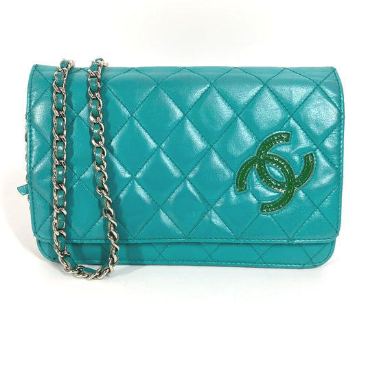 CHANEL Cartera larga cruzada CC Coco Mark Cartera con cadena acolchada Matelasse Cartera larga Bolso de hombro Cuero Mujer Verde