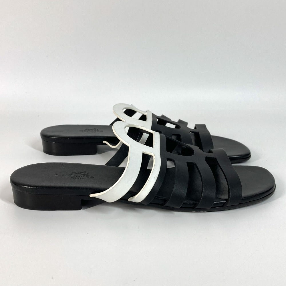 HERMES カメリア シェーヌダンクル 靴 シューズ バイカラー フラット ペタンコ サンダル レザー レディース ブラック - brandshop-reference