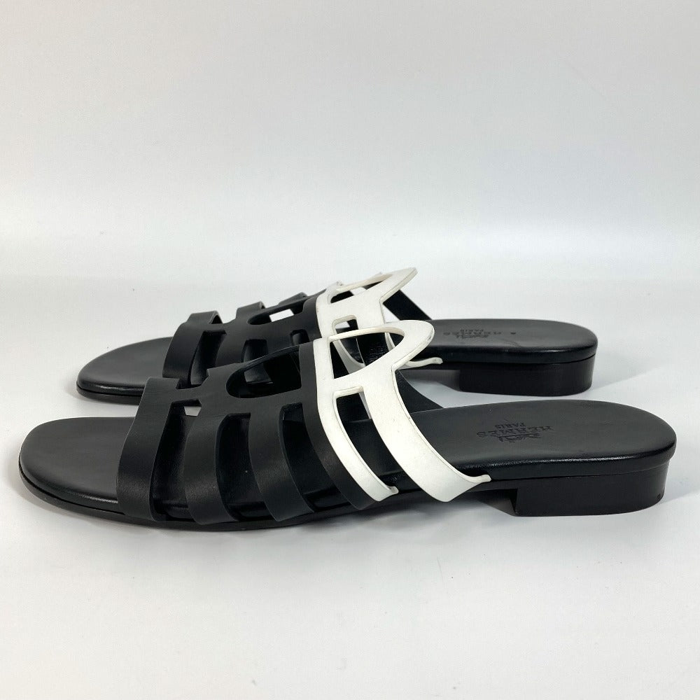 HERMES カメリア シェーヌダンクル 靴 シューズ バイカラー フラット ペタンコ サンダル レザー レディース ブラック - brandshop-reference