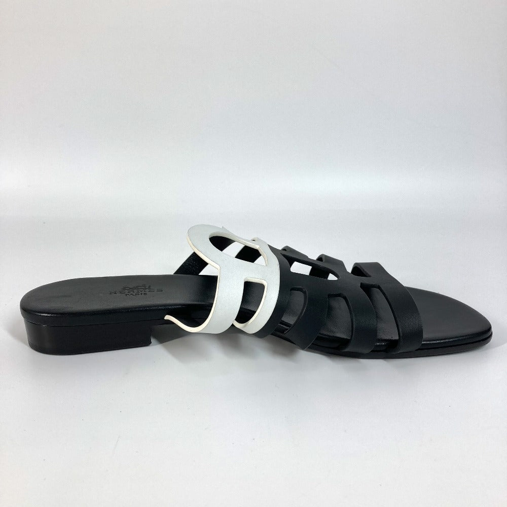 HERMES カメリア シェーヌダンクル 靴 シューズ バイカラー フラット ペタンコ サンダル レザー レディース ブラック - brandshop-reference