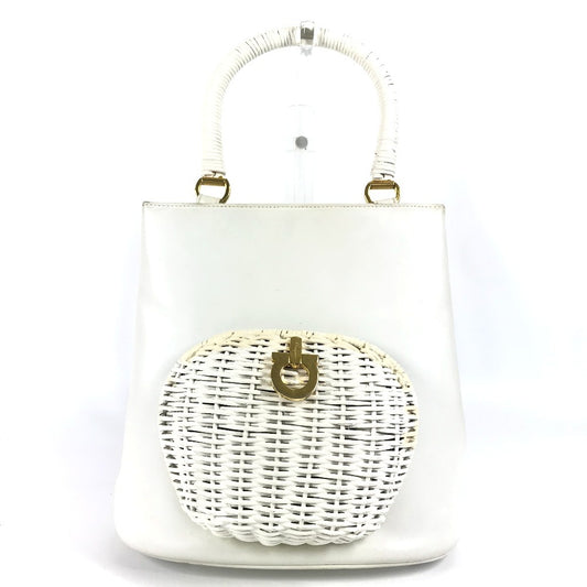 Salvatore Ferragamo ガンチーニ ロゴ カバン バケツ型 ハンドバッグ ストロー レディース ホワイト - brandshop-reference