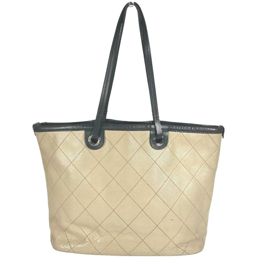 CHANEL A92211 On the Road Matelasse Quilted Bicolor Bag Tote Bag Shoulder Bag Caviar Skin Ladies Beige