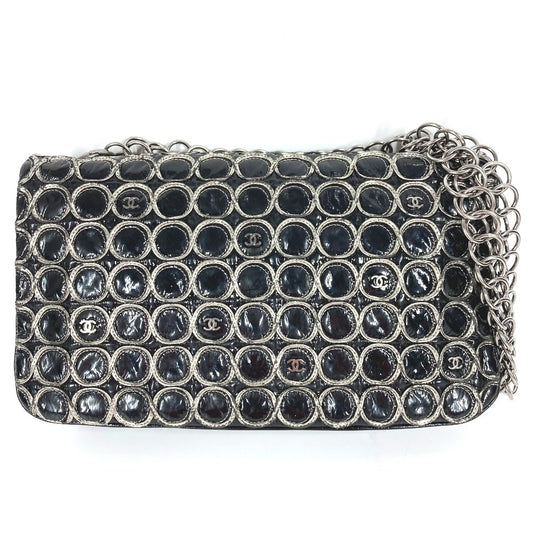 CHANEL サークルステッチ CC ココマーク ロゴ チェーンバッグ カバン 肩掛け フラップ ショルダーバッグ コーティングキャンバス レディース ブラック