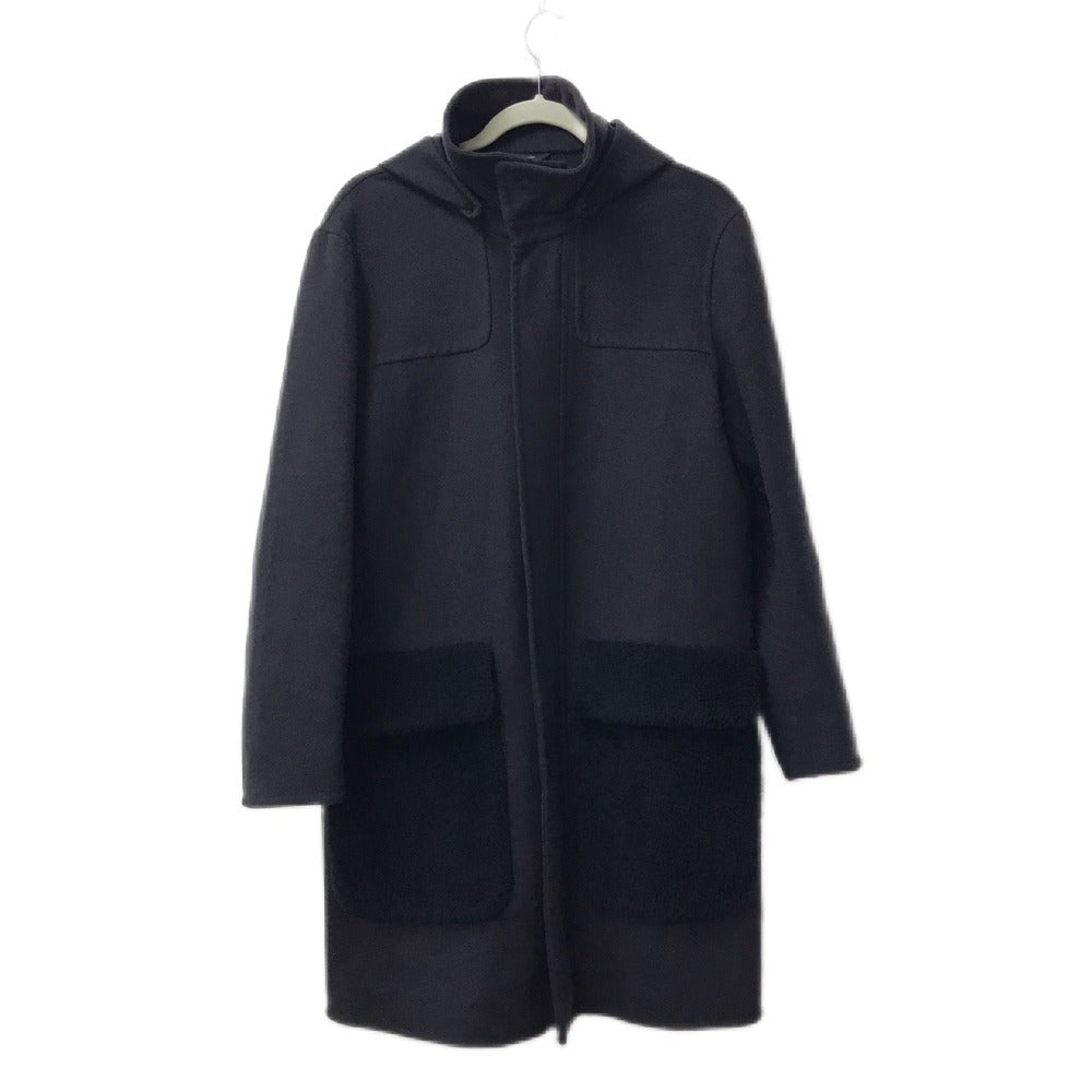 FENDI FF0209 フード付き フーディー ムートン ファー付き ポケット コート アパレル アウター 長袖 ロングコート ウール メンズ ネイビー
