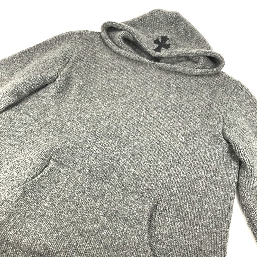 CHROME HEARTS Men's Gray Cashmere Hoodie with Leather Patch, Tag, and Cross Stitch. Long Sleeve Knit.