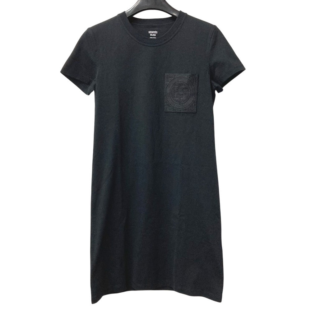 HERMES 半袖 シャツワンピ 刺繍入り モザイク Hロゴ ポケット アパレル Tシャツワンピース ラウンドネック ワンピース コットン レディース ブラック