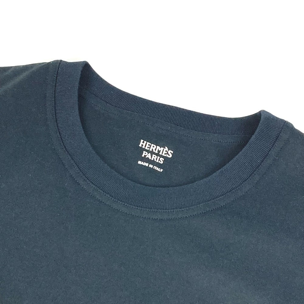 HERMES 半袖 シャツワンピ 刺繍入り モザイク Hロゴ ポケット アパレル Tシャツワンピース ラウンドネック ワンピース コットン レディース ブラック