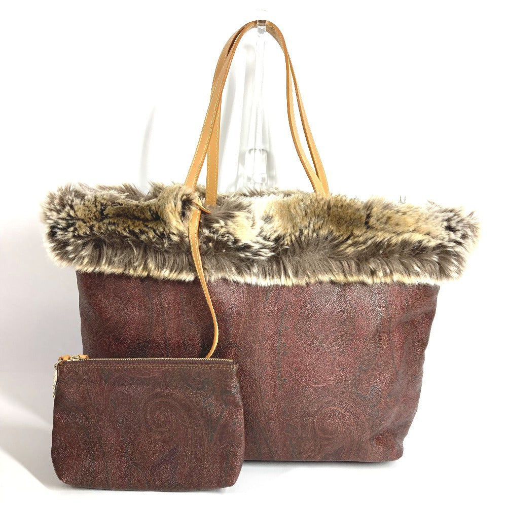 ETRO ポーチ付き ペイズリー柄 ロゴ ファー カバン トートバッグ 肩掛け ショルダーバッグ PVC/レザー レディース ブラウン