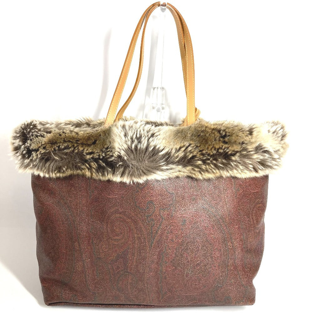 ETRO ポーチ付き ペイズリー柄 ロゴ ファー カバン トートバッグ 肩掛け ショルダーバッグ PVC/レザー レディース ブラウン