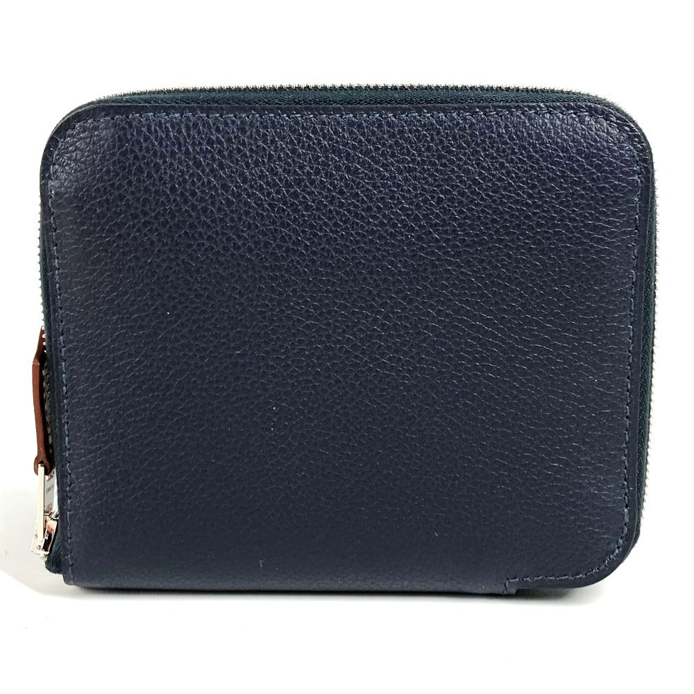 HERMES Azap Silk In Compact Business Card Case, Pass Case, Card Case, Coin Purse, Round Zipper Bifold Wallet, Leather, Unisex, Navy
