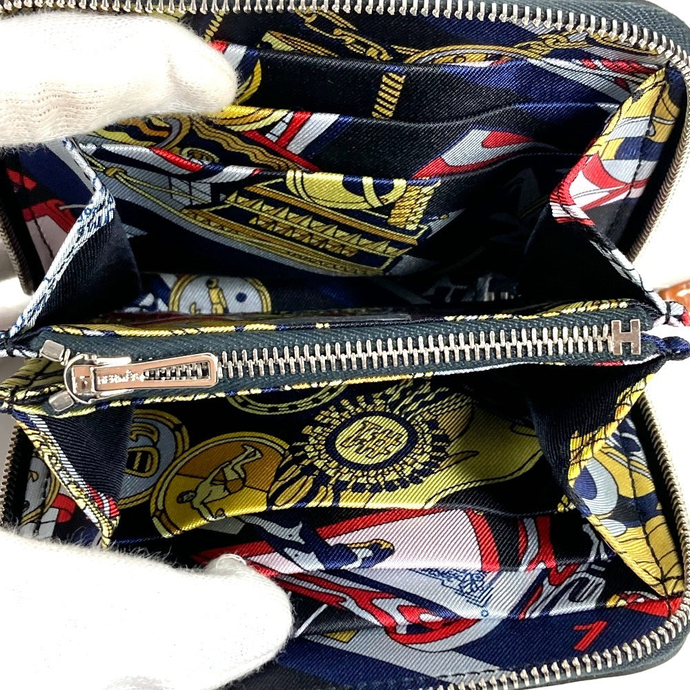 HERMES Azap Silk In Compact Business Card Case, Pass Case, Card Case, Coin Purse, Round Zipper Bifold Wallet, Leather, Unisex, Navy