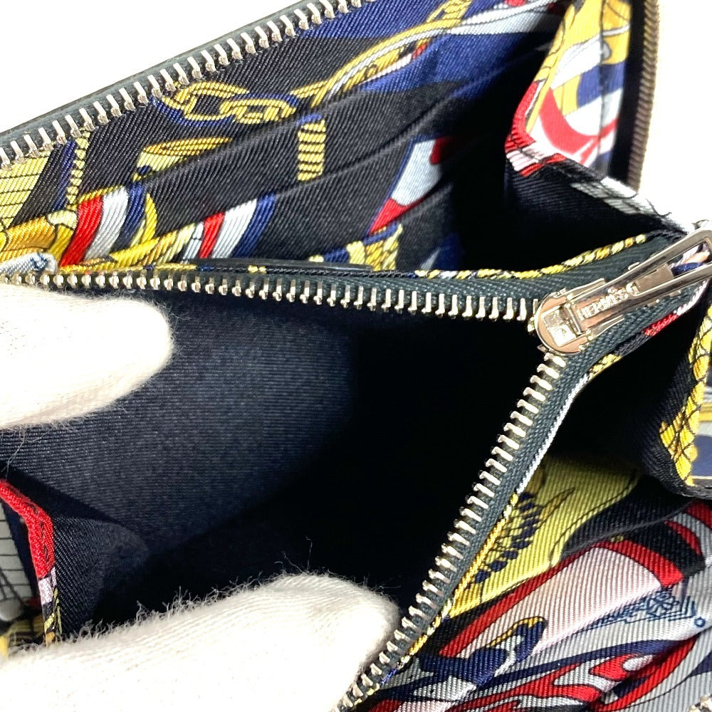HERMES Azap Silk In Compact Business Card Case, Pass Case, Card Case, Coin Purse, Round Zipper Bifold Wallet, Leather, Unisex, Navy
