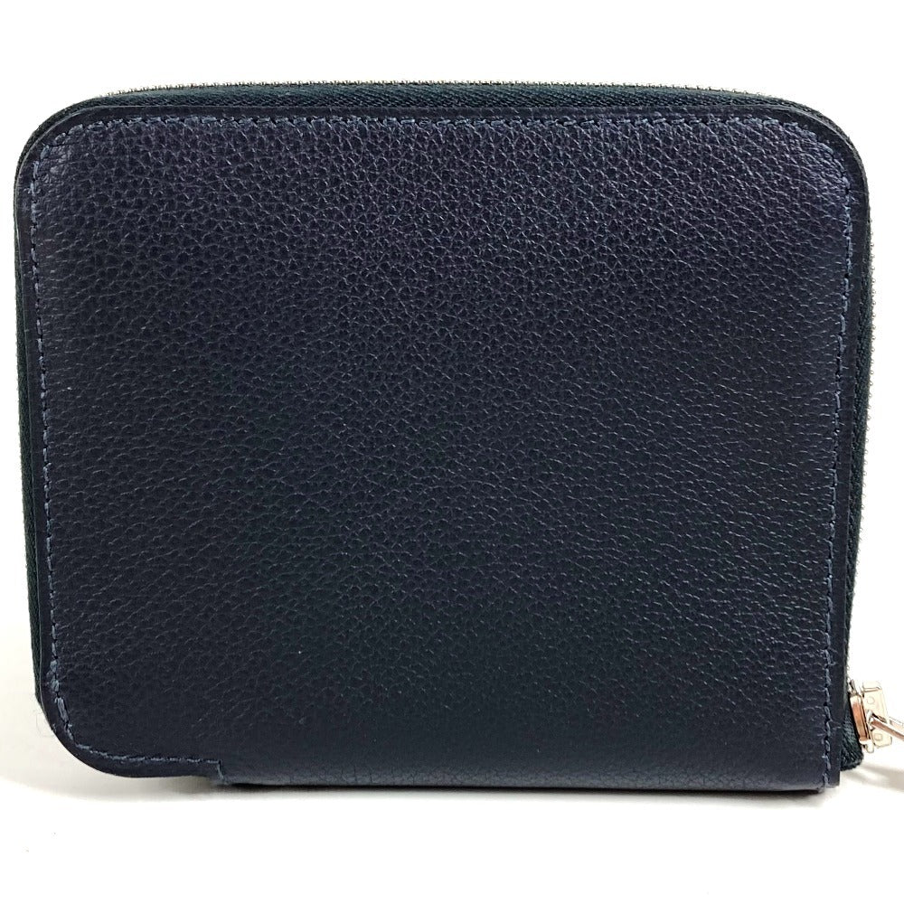 HERMES Azap Silk In Compact Business Card Case, Pass Case, Card Case, Coin Purse, Round Zipper Bifold Wallet, Leather, Unisex, Navy