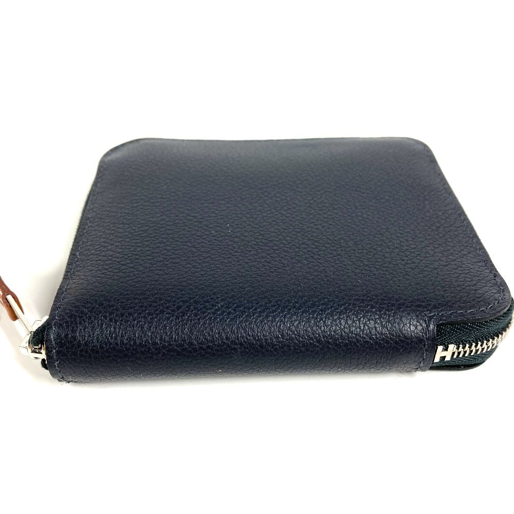 HERMES Azap Silk In Compact Business Card Case, Pass Case, Card Case, Coin Purse, Round Zipper Bifold Wallet, Leather, Unisex, Navy