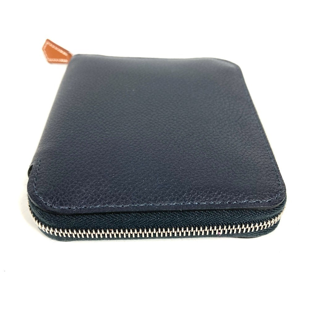 HERMES Azap Silk In Compact Business Card Case, Pass Case, Card Case, Coin Purse, Round Zipper Bifold Wallet, Leather, Unisex, Navy