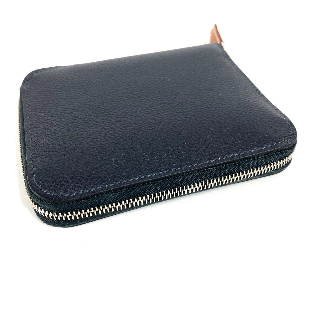 HERMES Azap Silk In Compact Business Card Case, Pass Case, Card Case, Coin Purse, Round Zipper Bifold Wallet, Leather, Unisex, Navy