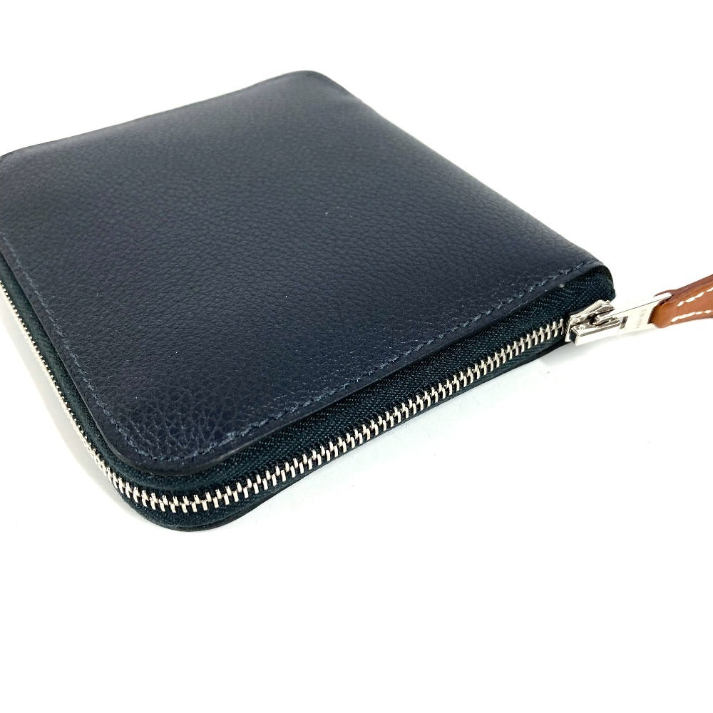 HERMES Azap Silk In Compact Business Card Case, Pass Case, Card Case, Coin Purse, Round Zipper Bifold Wallet, Leather, Unisex, Navy