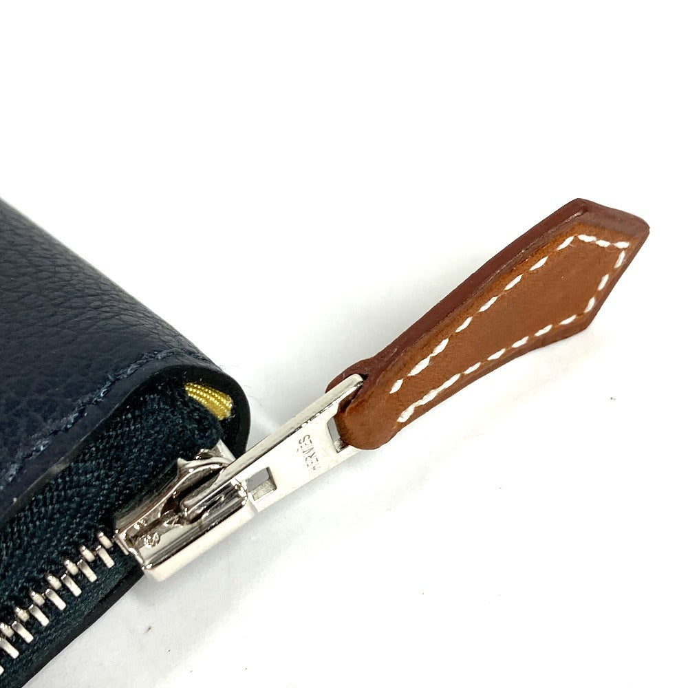 HERMES Azap Silk In Compact Business Card Case, Pass Case, Card Case, Coin Purse, Round Zipper Bifold Wallet, Leather, Unisex, Navy