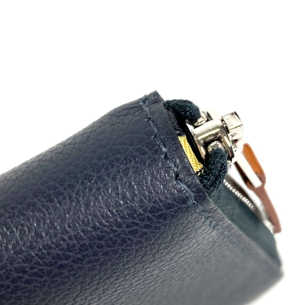 HERMES Azap Silk In Compact Business Card Case, Pass Case, Card Case, Coin Purse, Round Zipper Bifold Wallet, Leather, Unisex, Navy