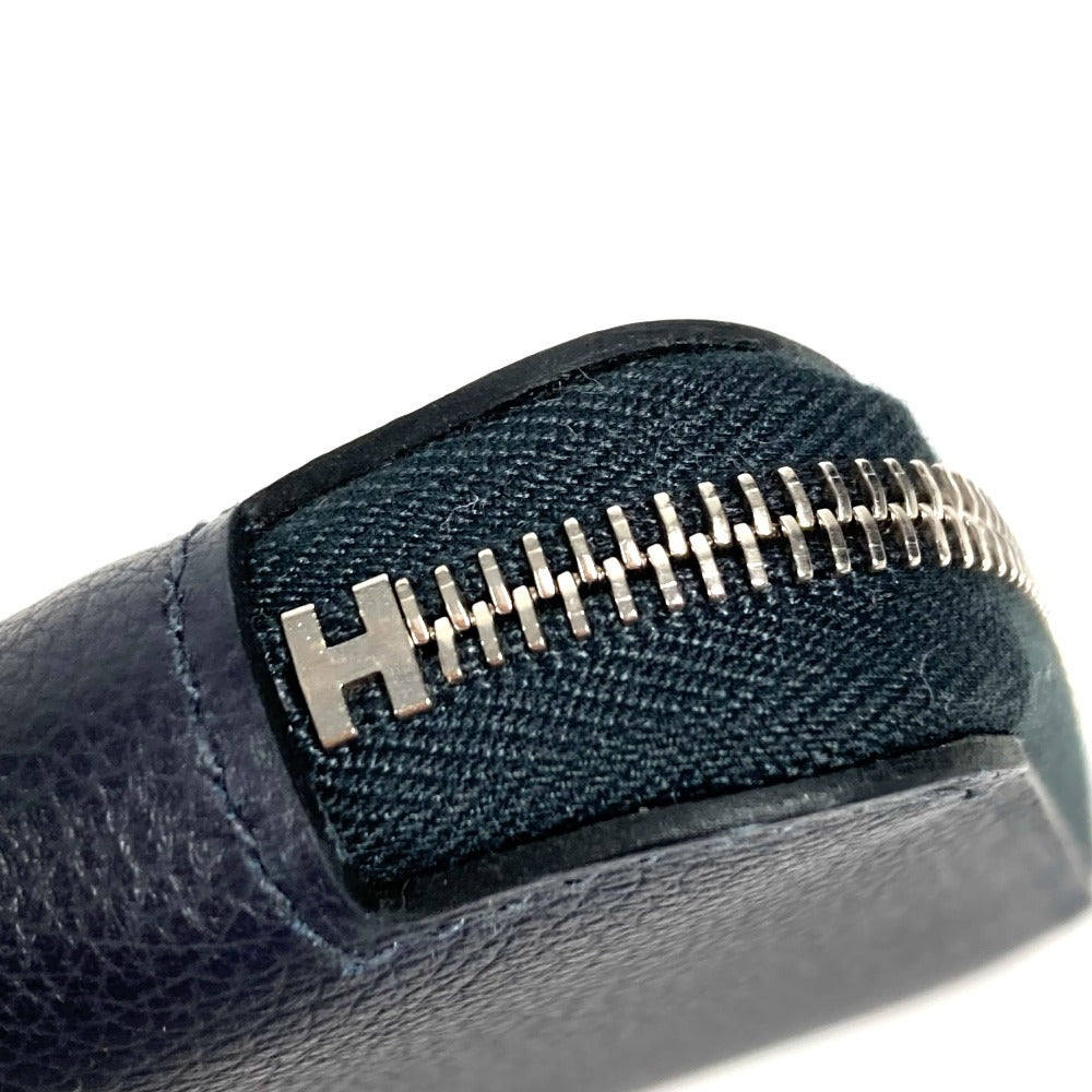 HERMES Azap Silk In Compact Business Card Case, Pass Case, Card Case, Coin Purse, Round Zipper Bifold Wallet, Leather, Unisex, Navy