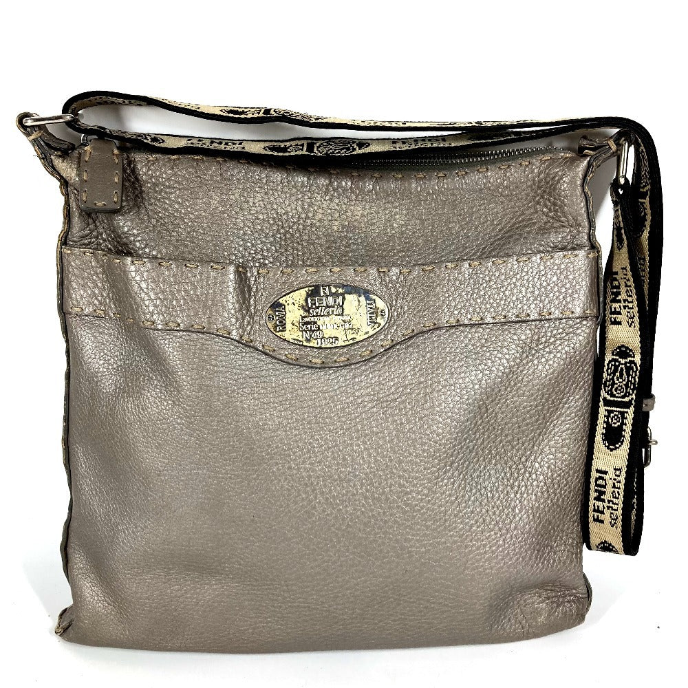 FENDI 8BT109 Selleria Logo Crossbody Shoulder Bag in Silver-Gray Leather, Unisex