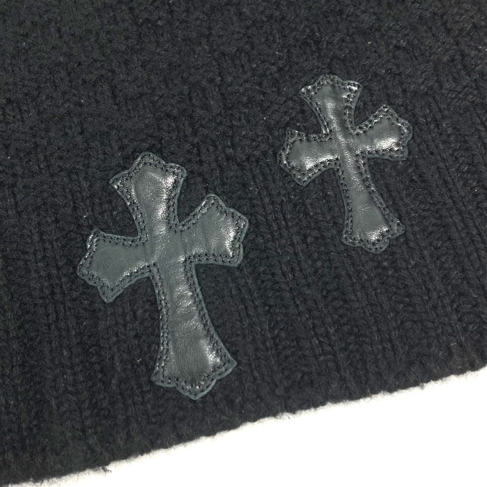 CHROME HEARTS Men's Black Long Sleeve Hoodie with Cross Patch and Leather Tag, Cashmere Knit