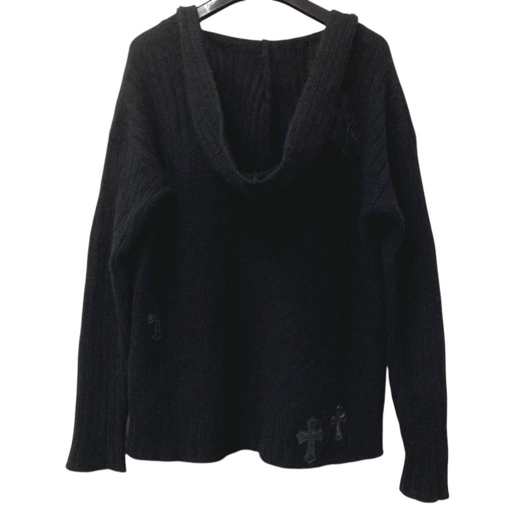 CHROME HEARTS Men's Black Long Sleeve Hoodie with Cross Patch and Leather Tag, Cashmere Knit